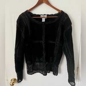 Red Fashion vintage suede  and crochet vest Scully Black Suede Leather Crochet L